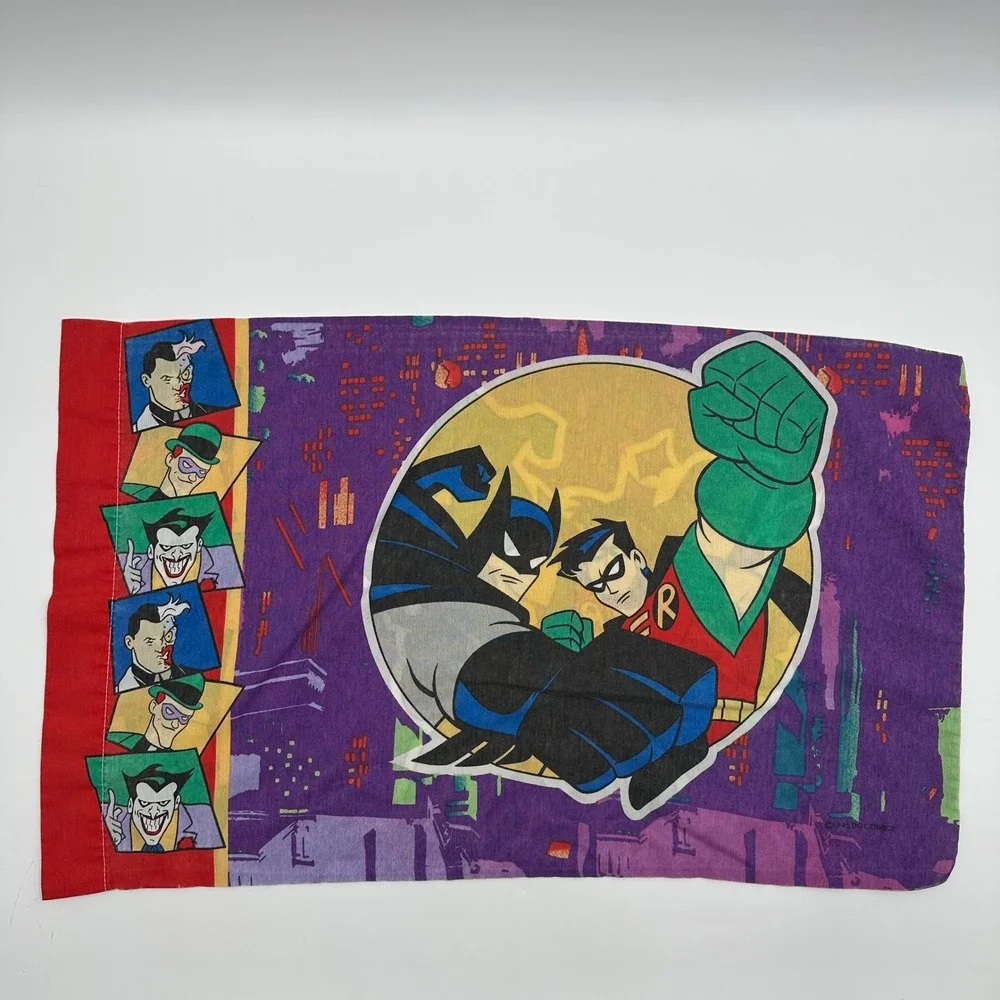 Vintage 1995 Batman and Robin Pillowcase DC Comics Joker Two-Face Riddler Purple